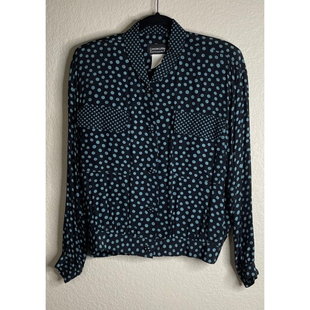 Carole Little Womens 6 Blouse Blue Teal Polka Dot Rayon Crepe Button Front USA
